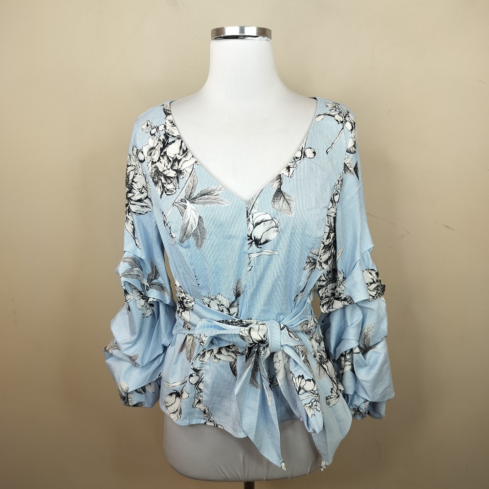 White House Black Market Floral Blouse Small Ruffle Balloon Sleeve Tie Waist Top